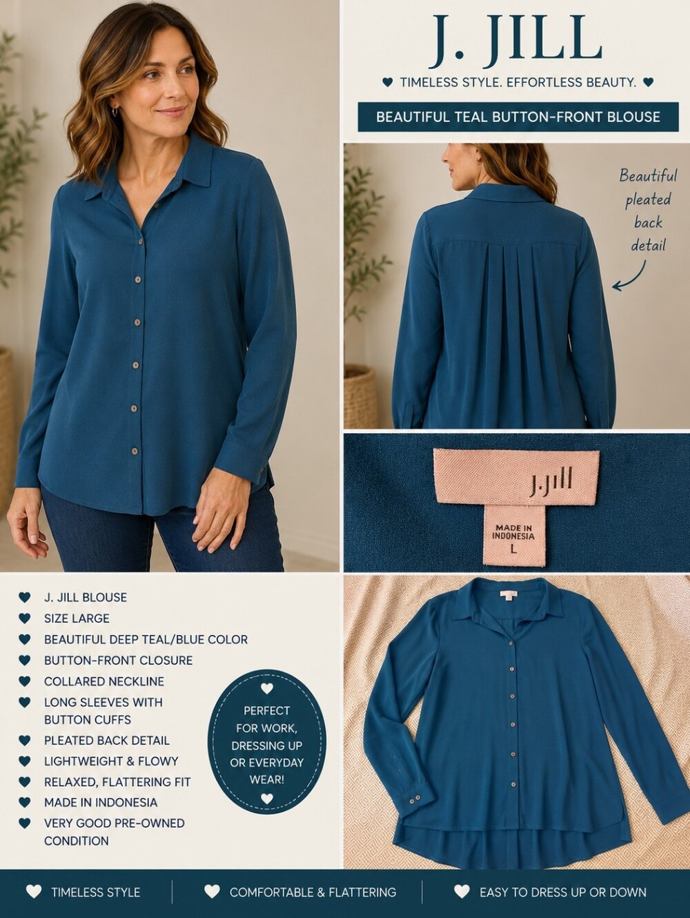 J. Jill Size L -Deep Teal Long-Sleeve Button Front Blouse
